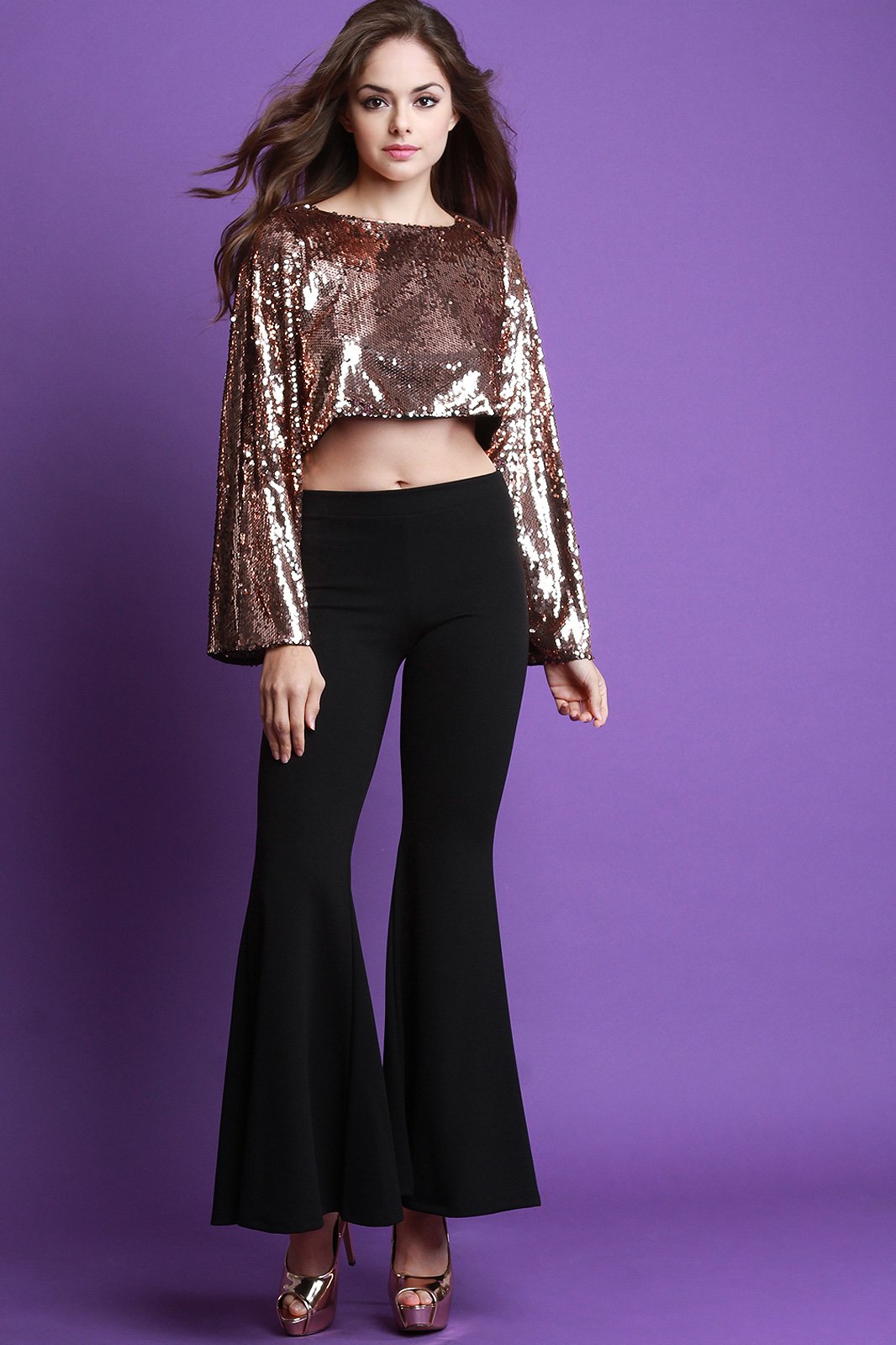 Iridescent Sequins Long Bell Sleeve Crop Top