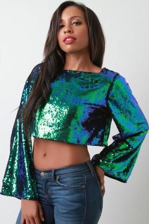 Iridescent Sequins Long Bell Sleeve Crop Top