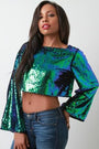 Iridescent Sequins Long Bell Sleeve Crop Top