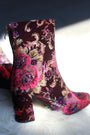 Floral Velvet Round Toe Chunky Heeled Booties