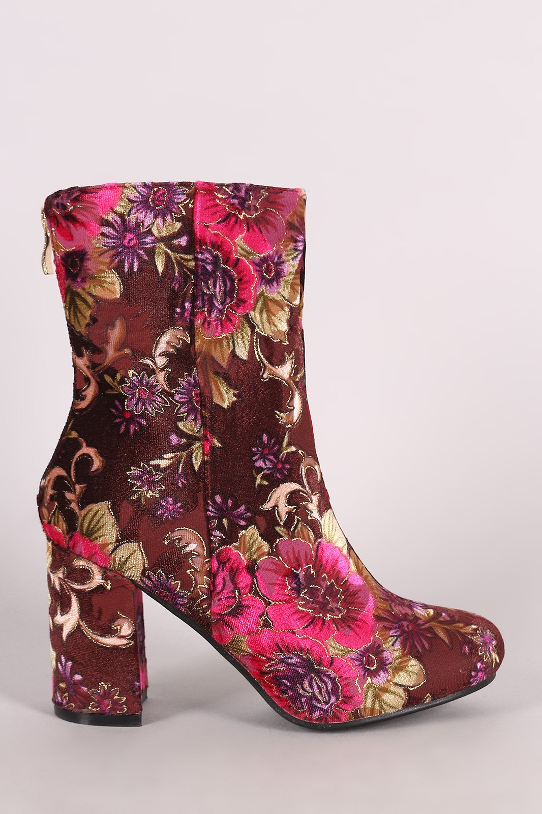 Floral Velvet Round Toe Chunky Heeled Booties