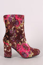 Floral Velvet Round Toe Chunky Heeled Booties