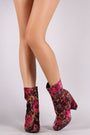 Floral Velvet Round Toe Chunky Heeled Booties