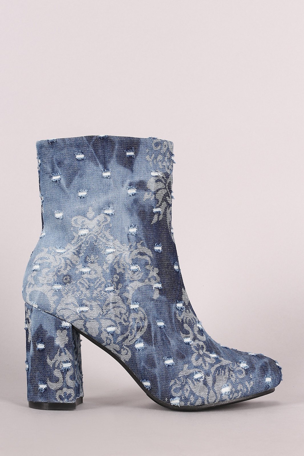 Distressed Denim Round Toe Chunky Heeled Booties - NoveltyOne