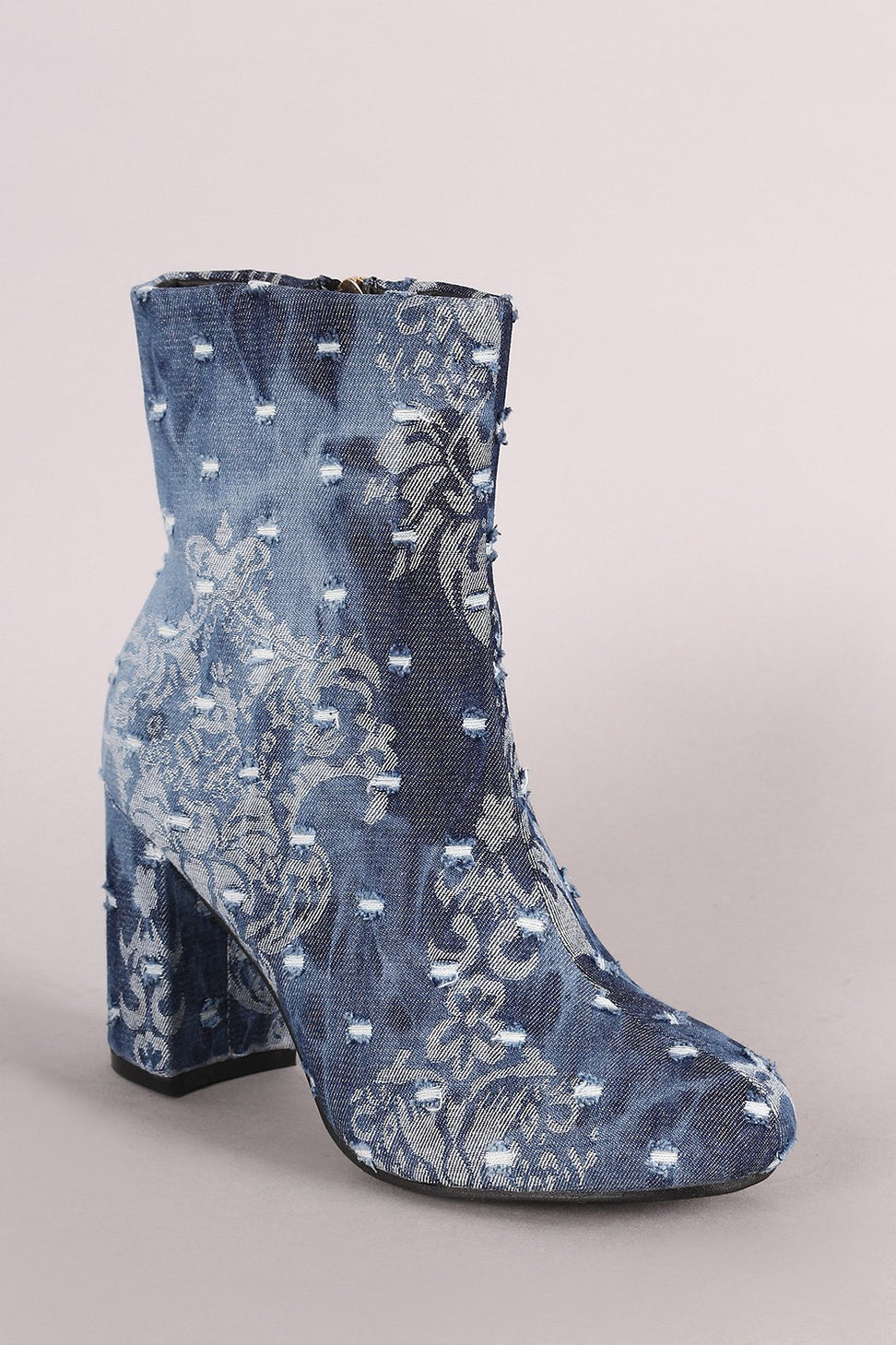 Distressed Denim Round Toe Chunky Heeled Booties - NoveltyOne