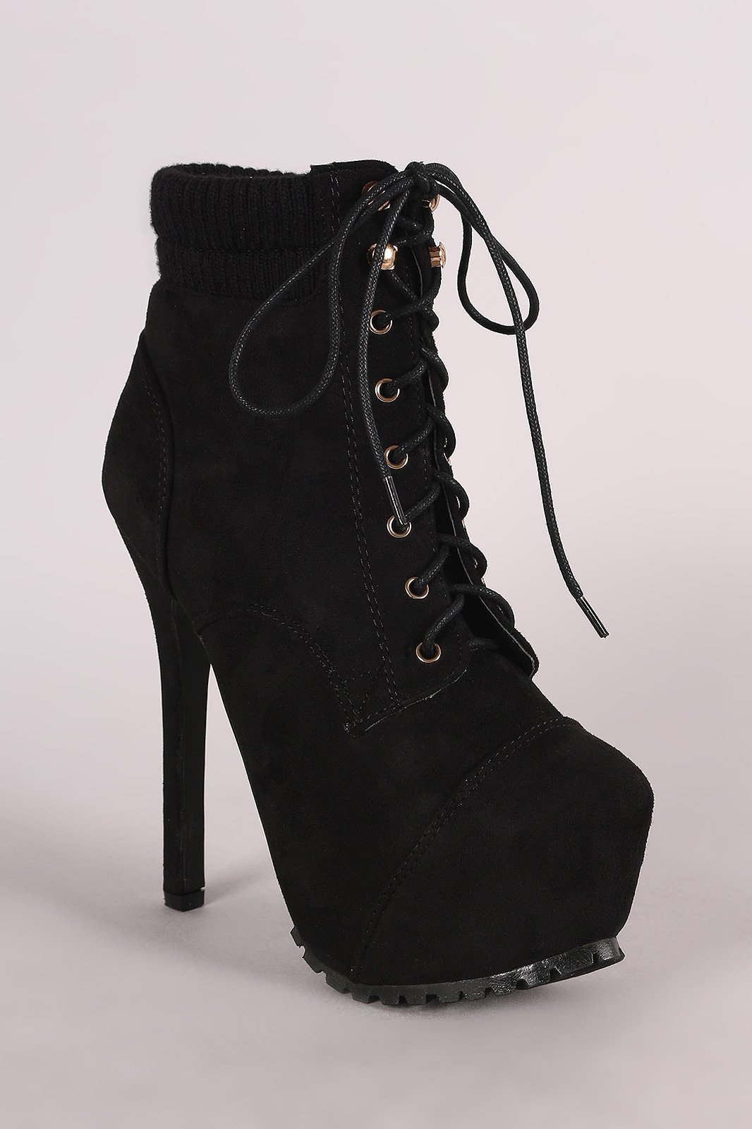 Suede Sweater Cuff Platform Combat Lace-Up Heeled Booties