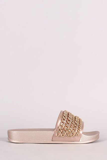 Chain Embellished Open Toe Slide Sandal