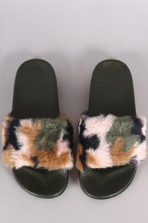 Camouflage Faux Fur Open Toe Slide Sandal