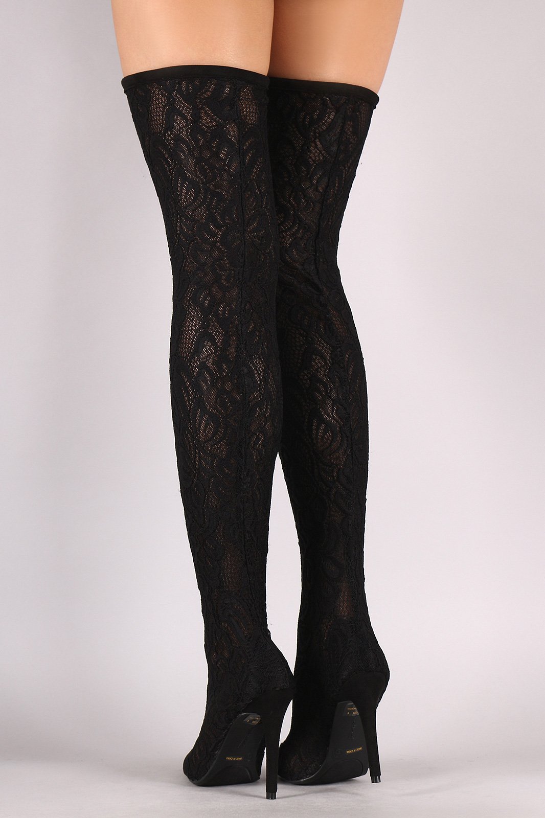 Anne Michelle Floral Lace Pointy Toe Stiletto Over-The-Knee Boots