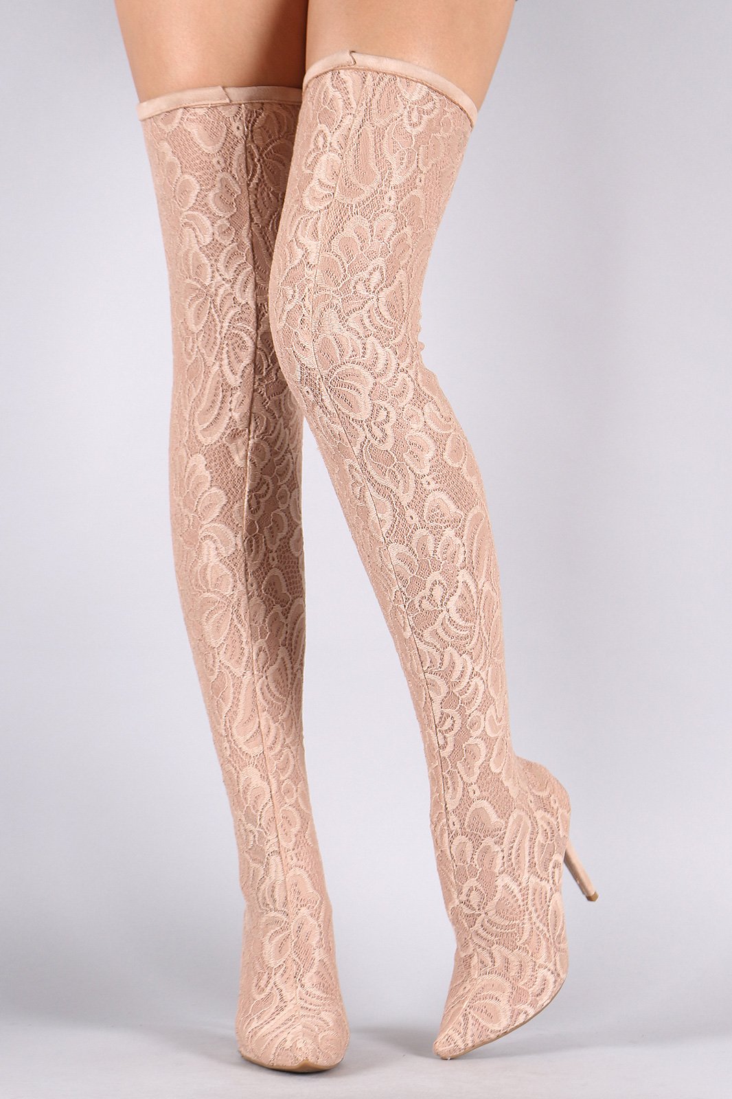 Anne Michelle Floral Lace Pointy Toe Stiletto Over-The-Knee Boots