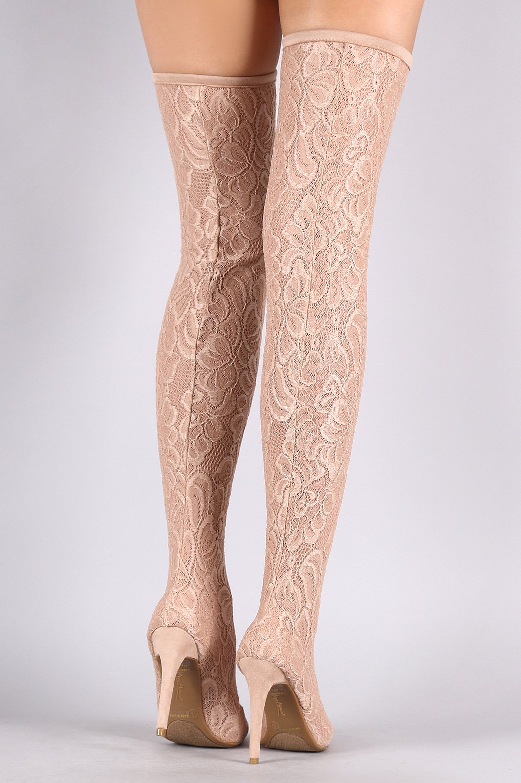 Anne Michelle Floral Lace Pointy Toe Stiletto Over-The-Knee Boots