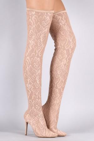 Anne Michelle Floral Lace Pointy Toe Stiletto Over-The-Knee Boots