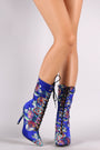 Bamboo Floral Brocade Lace Up Stiletto Mid-Calf Boots