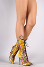 Bamboo Floral Brocade Lace Up Stiletto Mid-Calf Boots