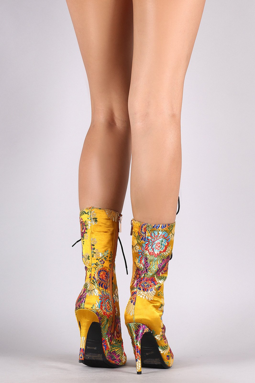 Bamboo Floral Brocade Lace Up Stiletto Mid-Calf Boots