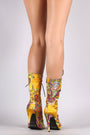 Bamboo Floral Brocade Lace Up Stiletto Mid-Calf Boots