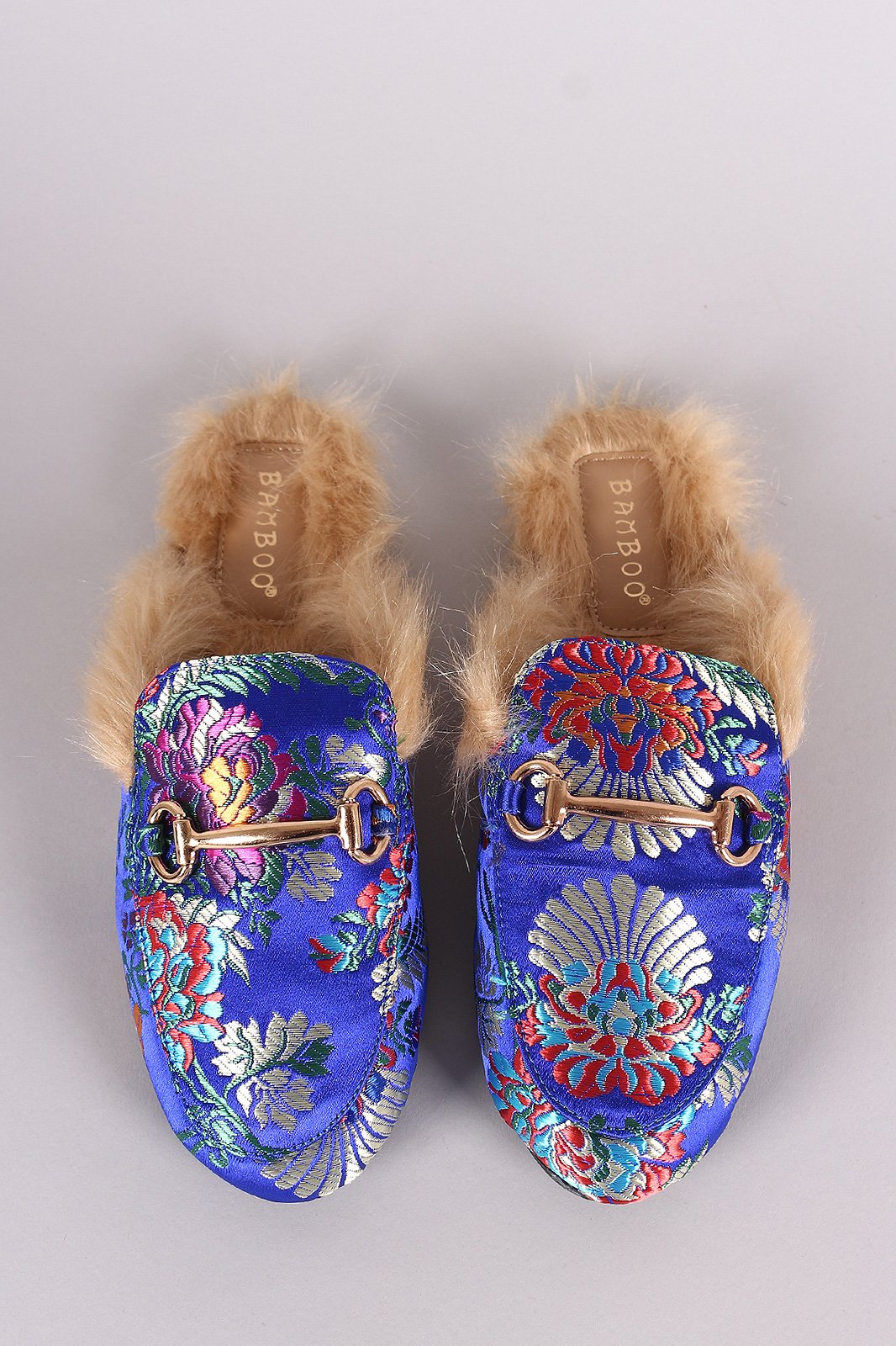 Bamboo Horsebit Ornament Floral Fur Lined Slide-On Mules