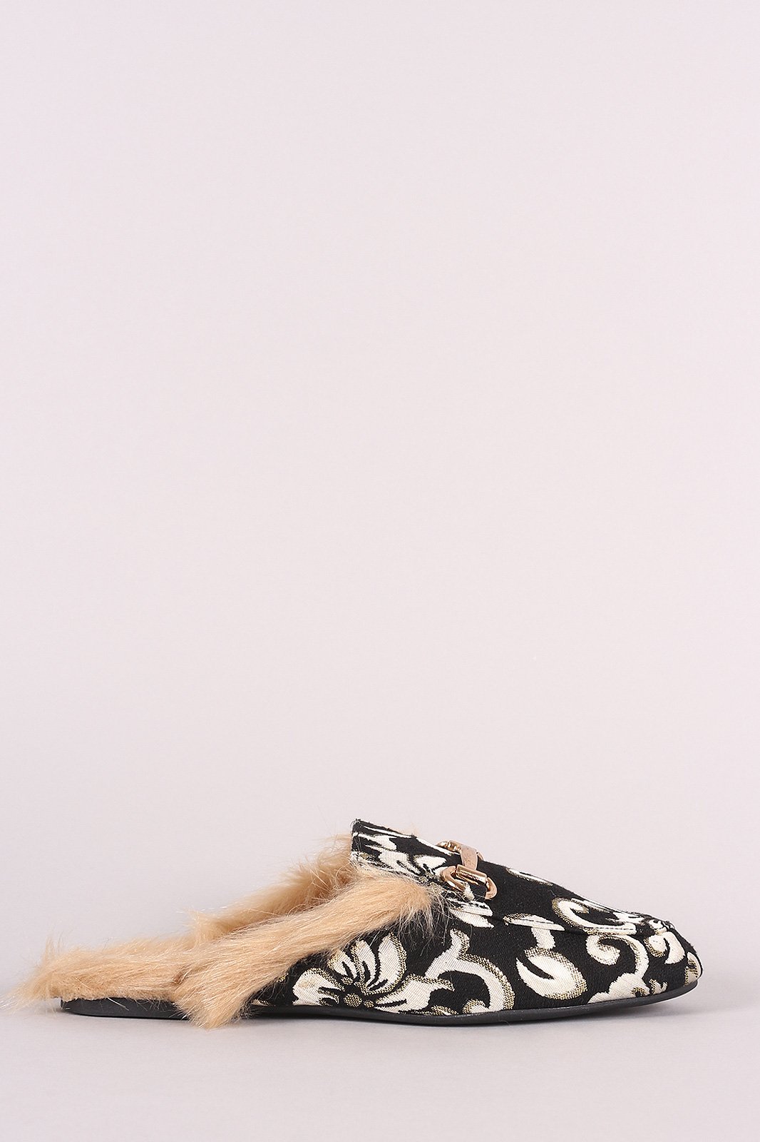 Bamboo Horsebit Ornament Floral Fur Lined Slide-On Mules