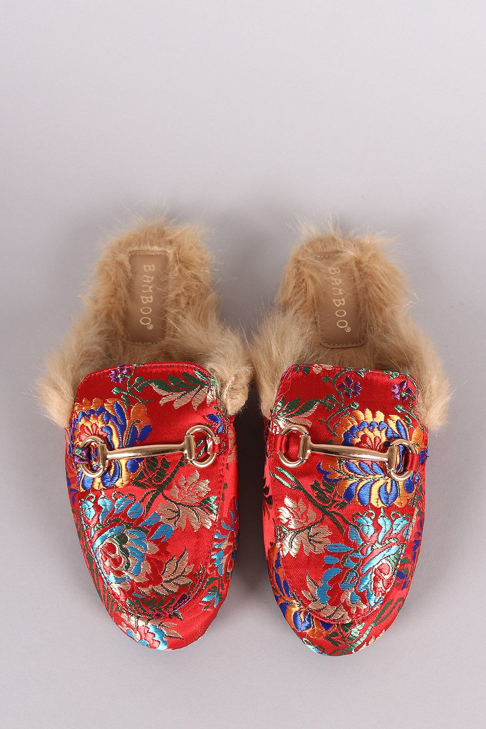 Bamboo Horsebit Ornament Floral Fur Lined Slide-On Mules