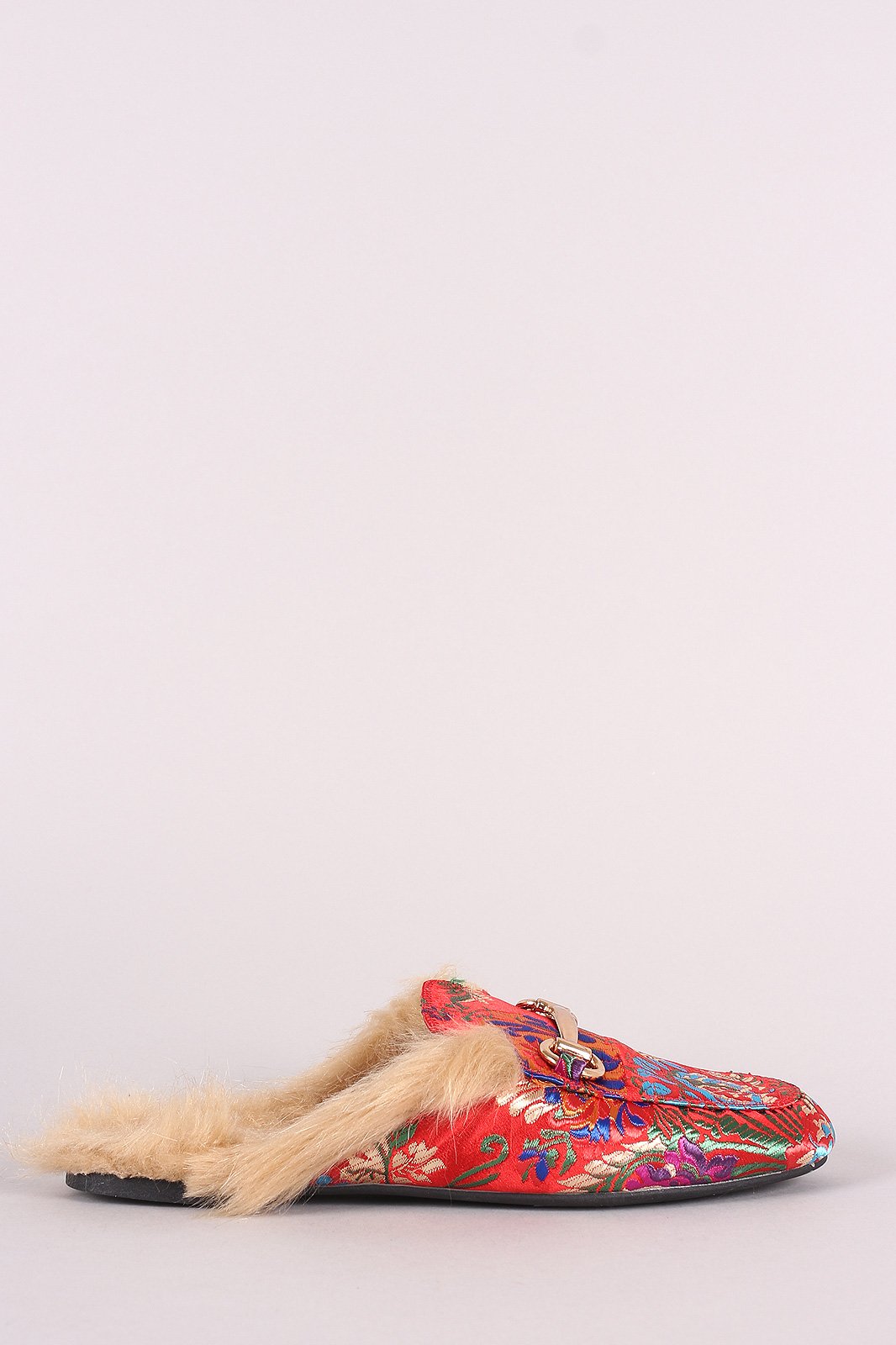 Bamboo Horsebit Ornament Floral Fur Lined Slide-On Mules