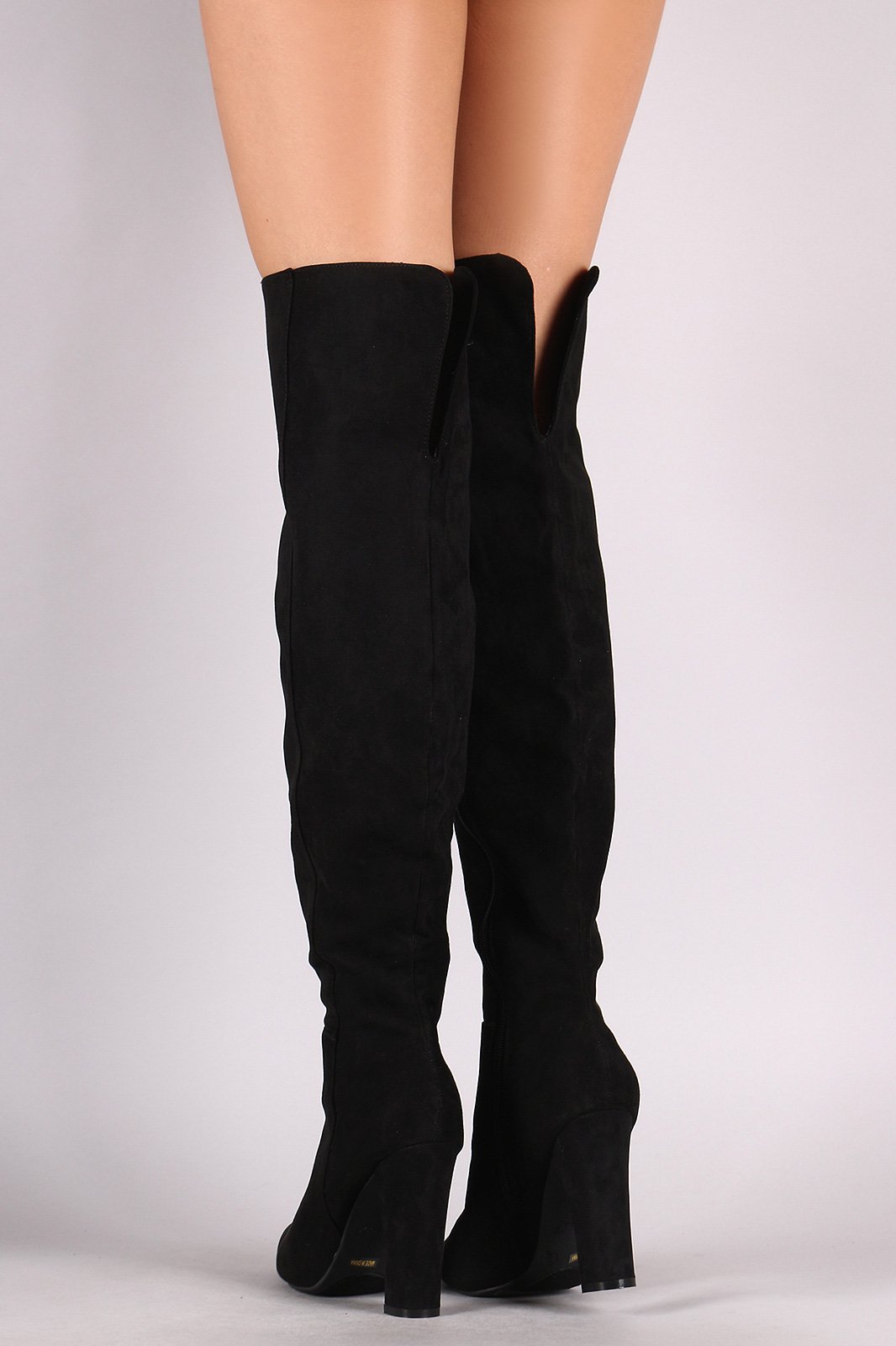Bamboo Suede Pointy Toe Chunky Heeled Over-The-Knee Boots