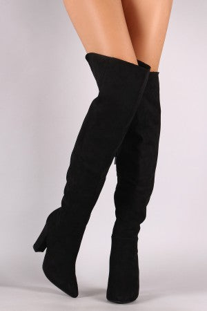 Bamboo Suede Pointy Toe Chunky Heeled Over-The-Knee Boots