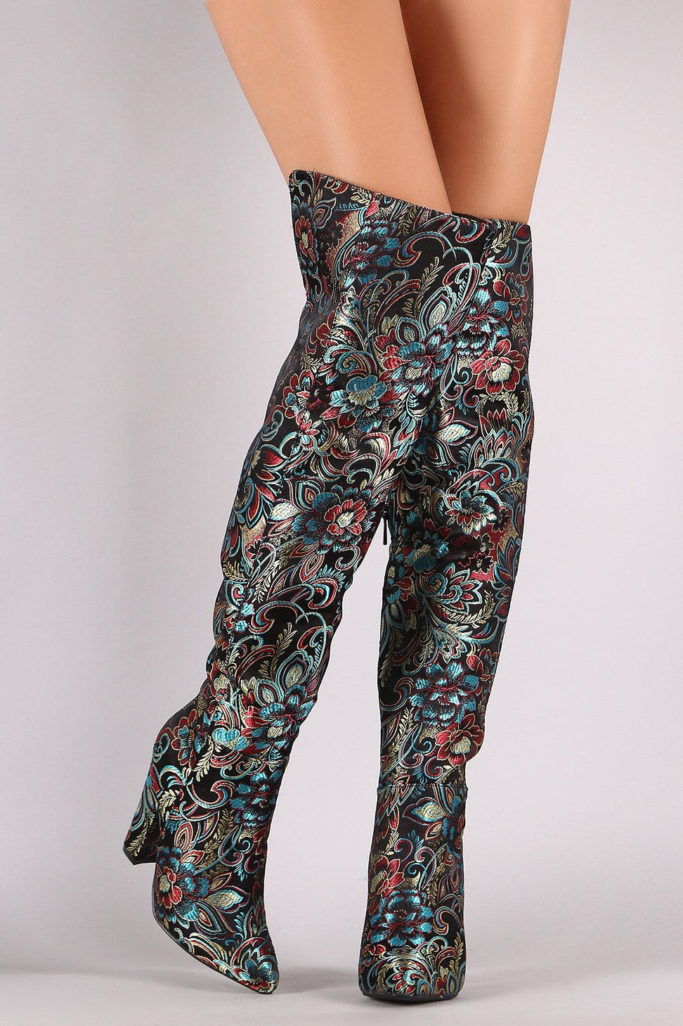 Bamboo Floral Brocade Pointy Toe Chunky Heeled OTK Boots