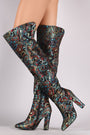 Bamboo Floral Brocade Pointy Toe Chunky Heeled OTK Boots