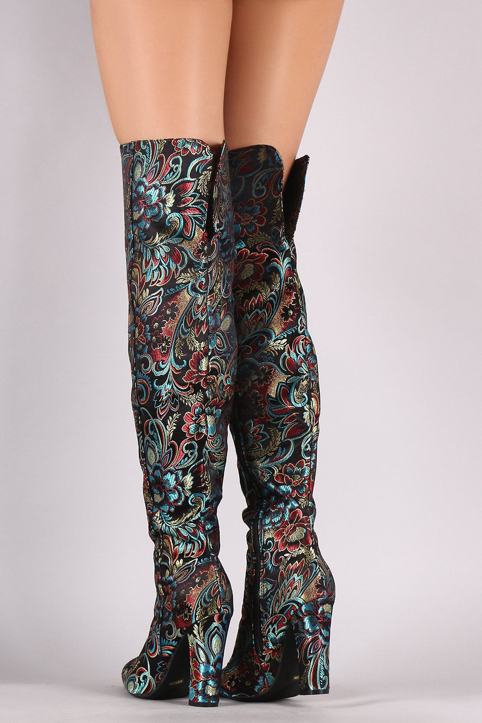 Bamboo Floral Brocade Pointy Toe Chunky Heeled OTK Boots