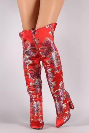 Bamboo Floral Brocade Pointy Toe Chunky Heeled OTK Boots