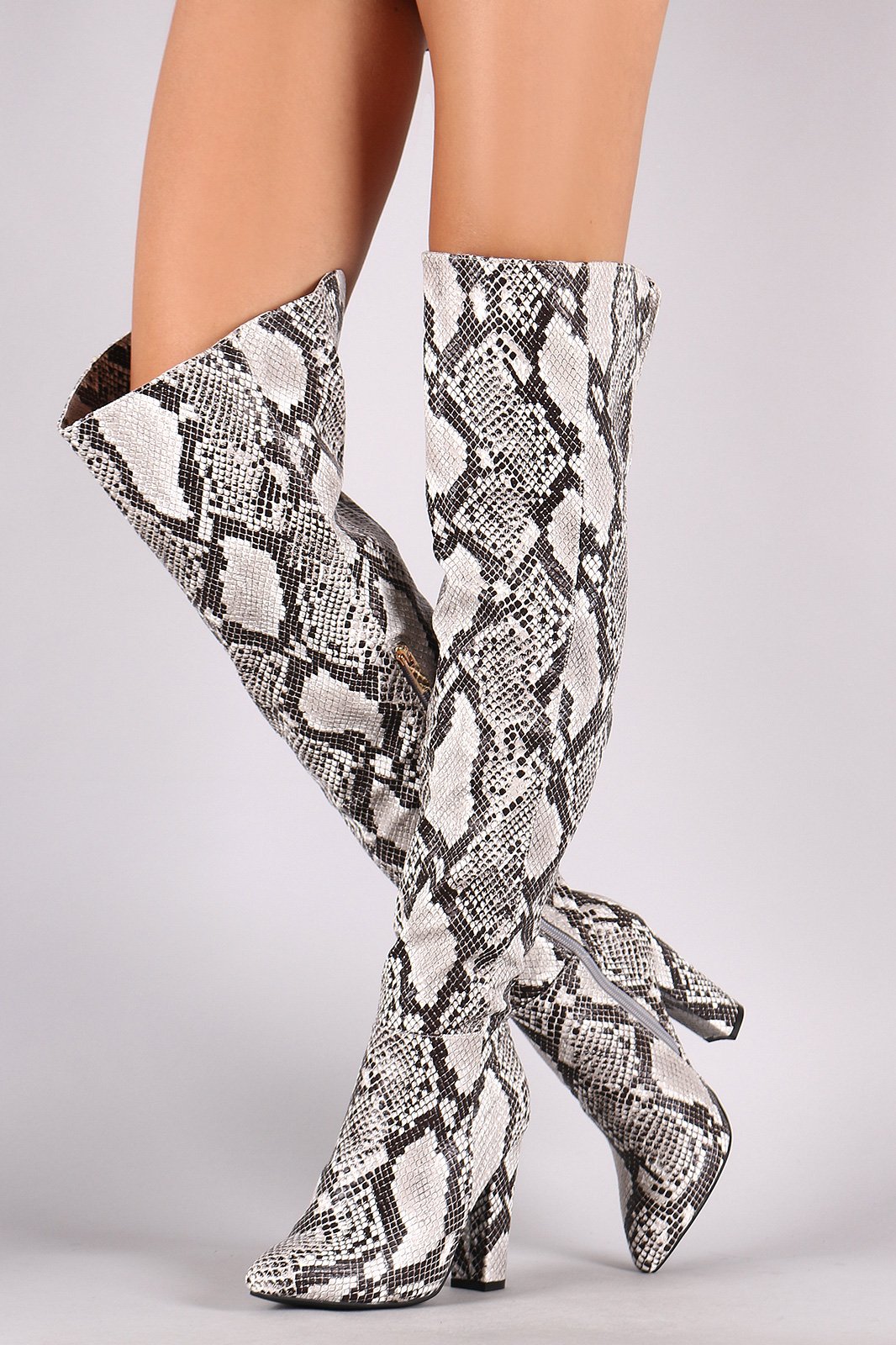 Bamboo Python Pointy Toe Chunky Heeled Over-The-Knee Boots