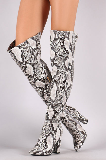 Bamboo Python Pointy Toe Chunky Heeled Over-The-Knee Boots