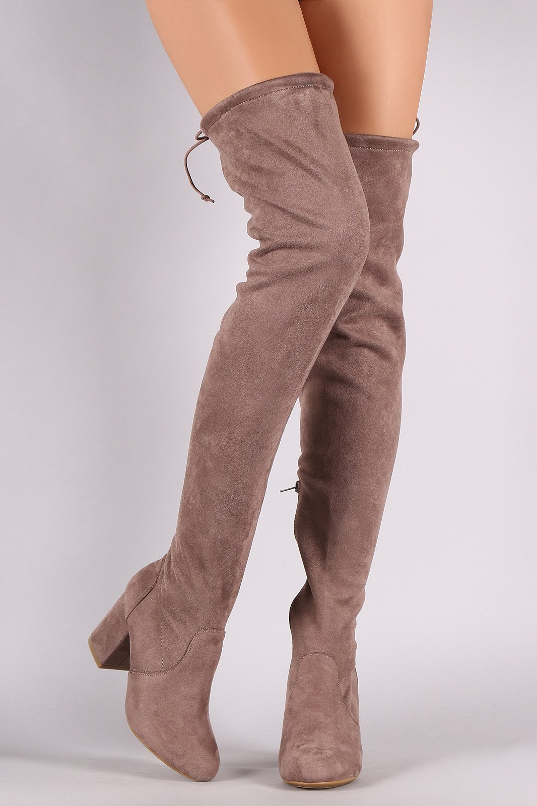 Bamboo Suede Drawstring Tie Block Heeled Over-The-Knee Boots