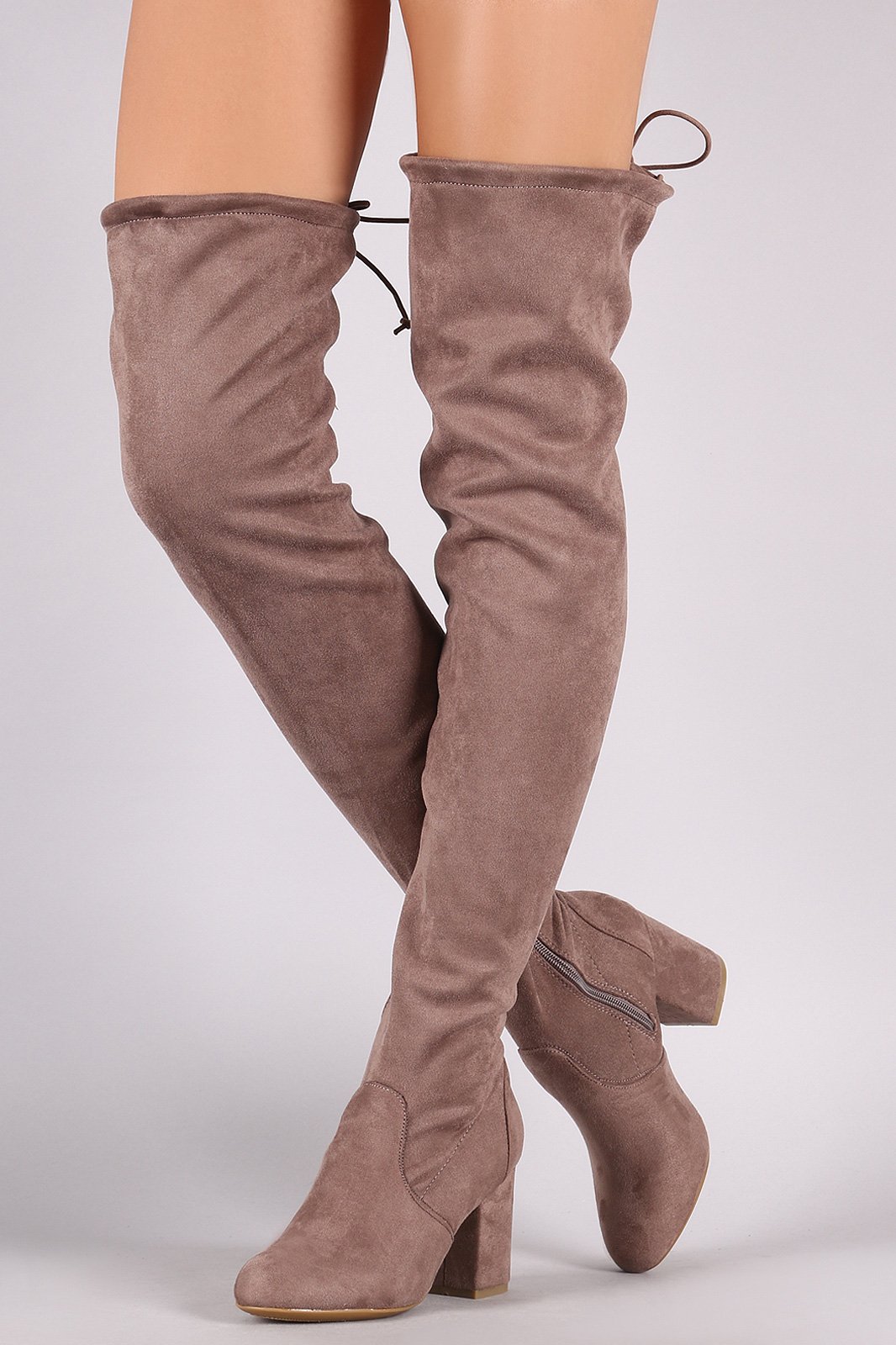 Bamboo Suede Drawstring Tie Block Heeled Over-The-Knee Boots