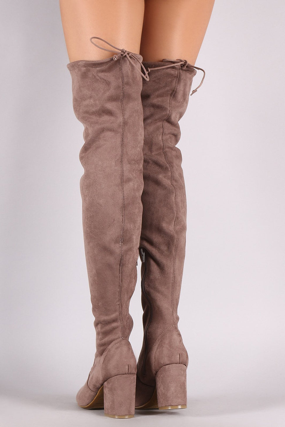 Bamboo Suede Drawstring Tie Block Heeled Over-The-Knee Boots