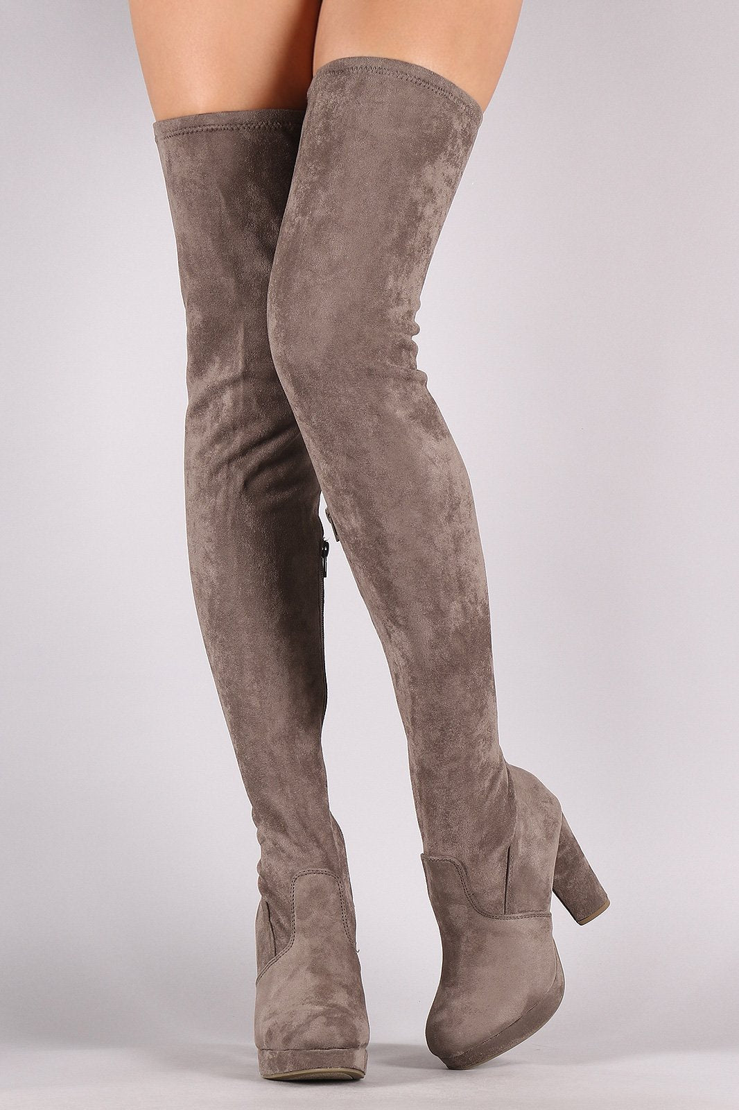 Bamboo Suede Almond Toe Chunky Heeled Over-The-Knee Boots