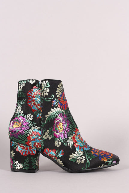 Bamboo Floral Brocade Block Heeled Booties