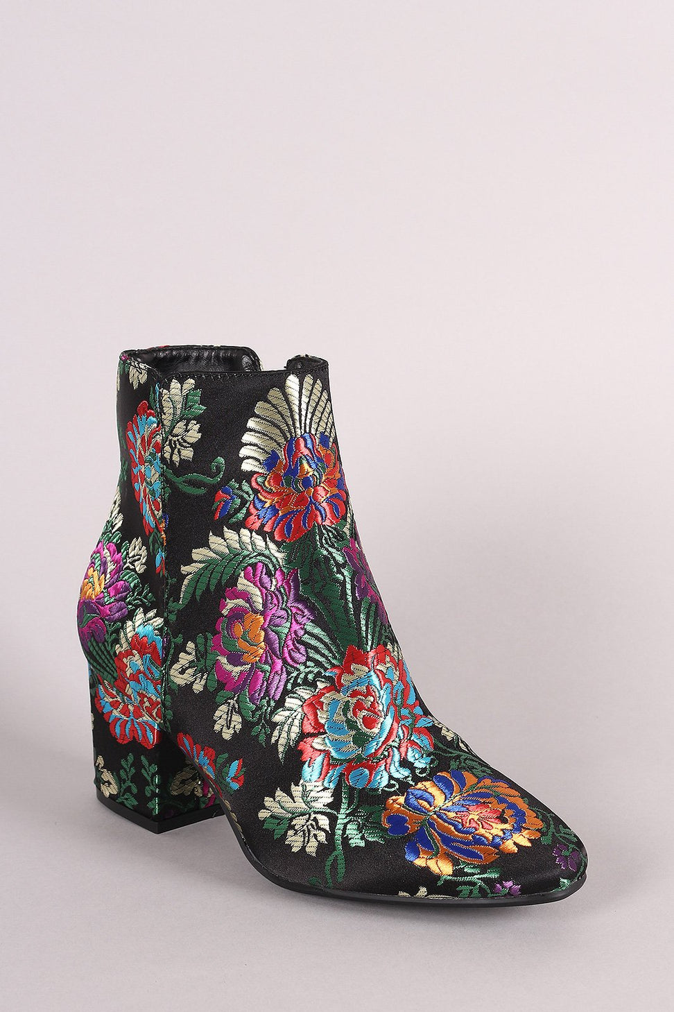 Bamboo Floral Brocade Block Heeled Booties
