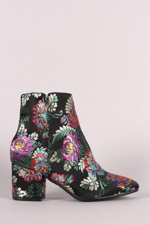 Bamboo Floral Brocade Block Heeled Booties