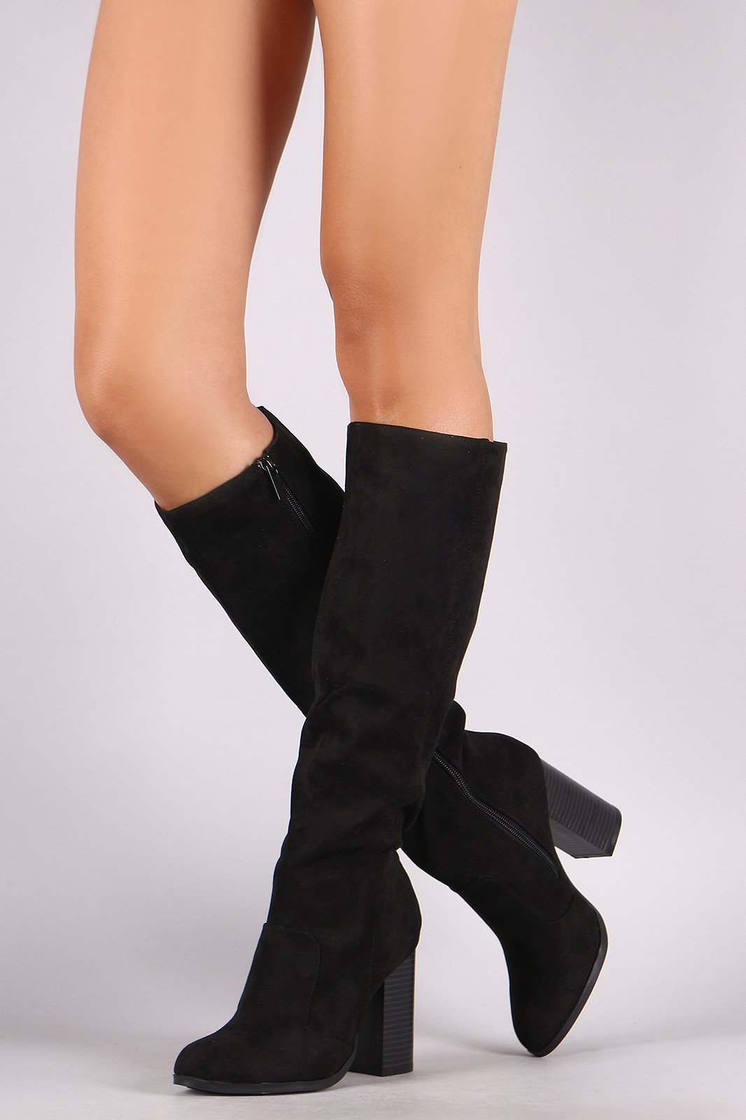 Bamboo Suede Almond Toe Chunky Heeled Knee High Boots