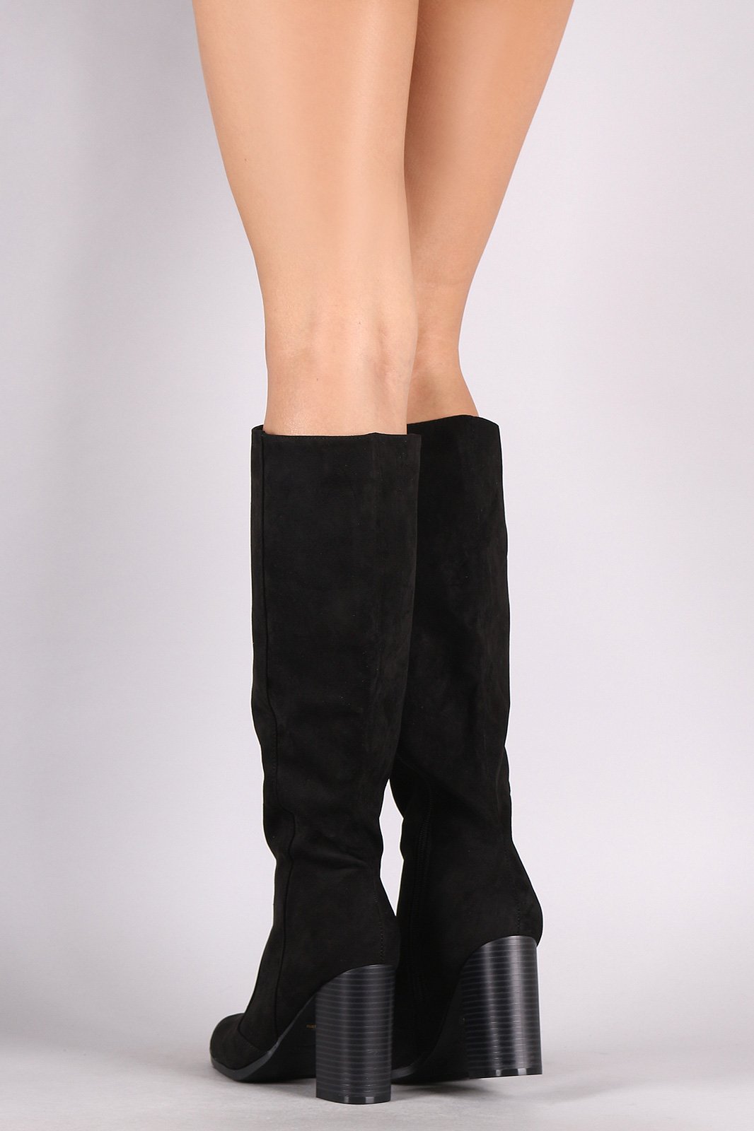 Bamboo Suede Almond Toe Chunky Heeled Knee High Boots