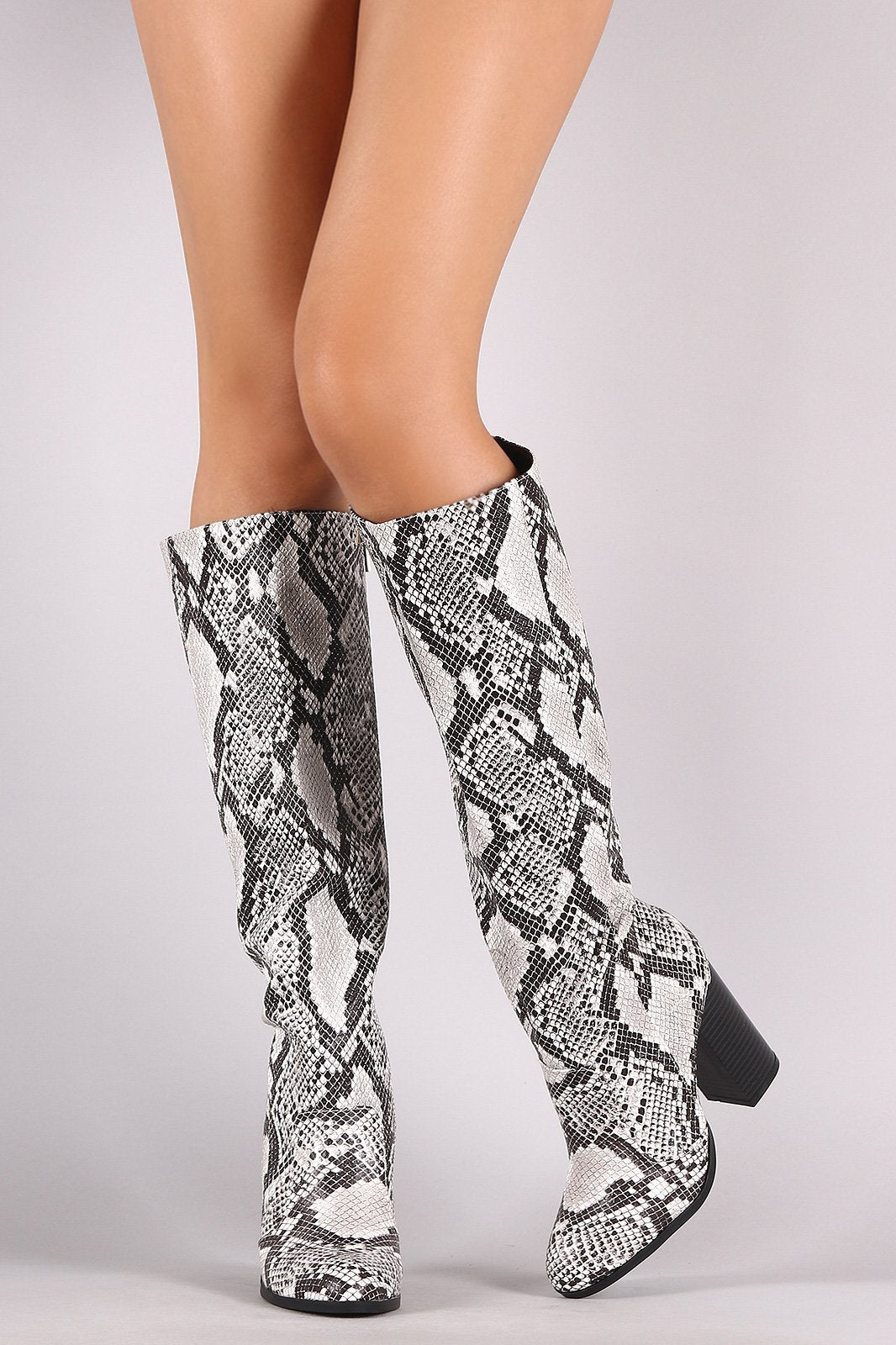 Bamboo Python Almond Toe Chunky Heeled Knee High Boots