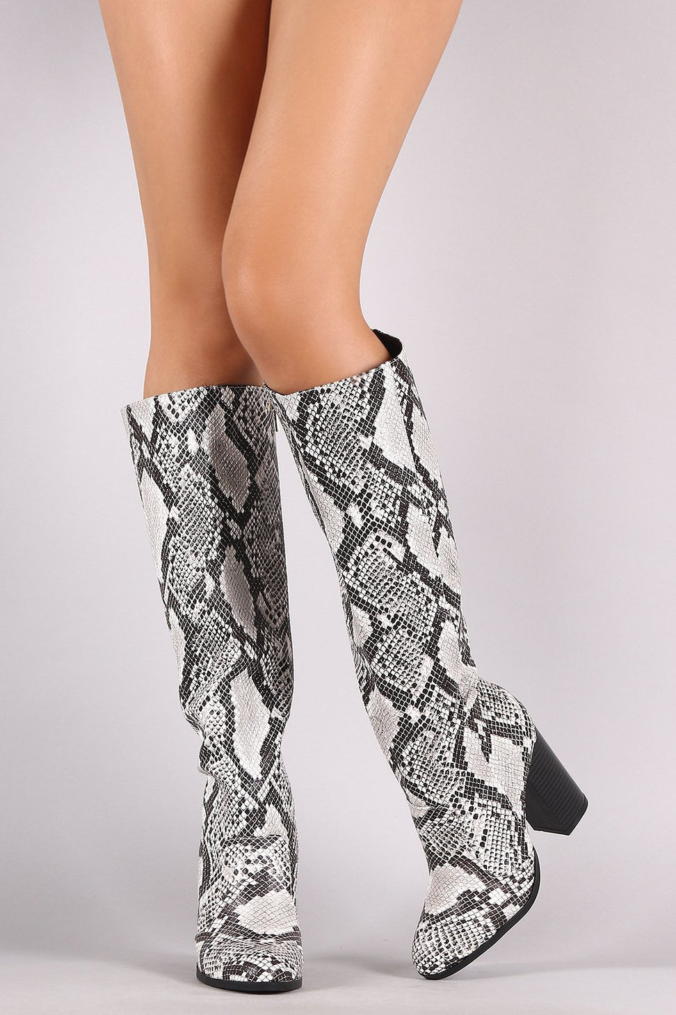 Bamboo Python Almond Toe Chunky Heeled Knee High Boots