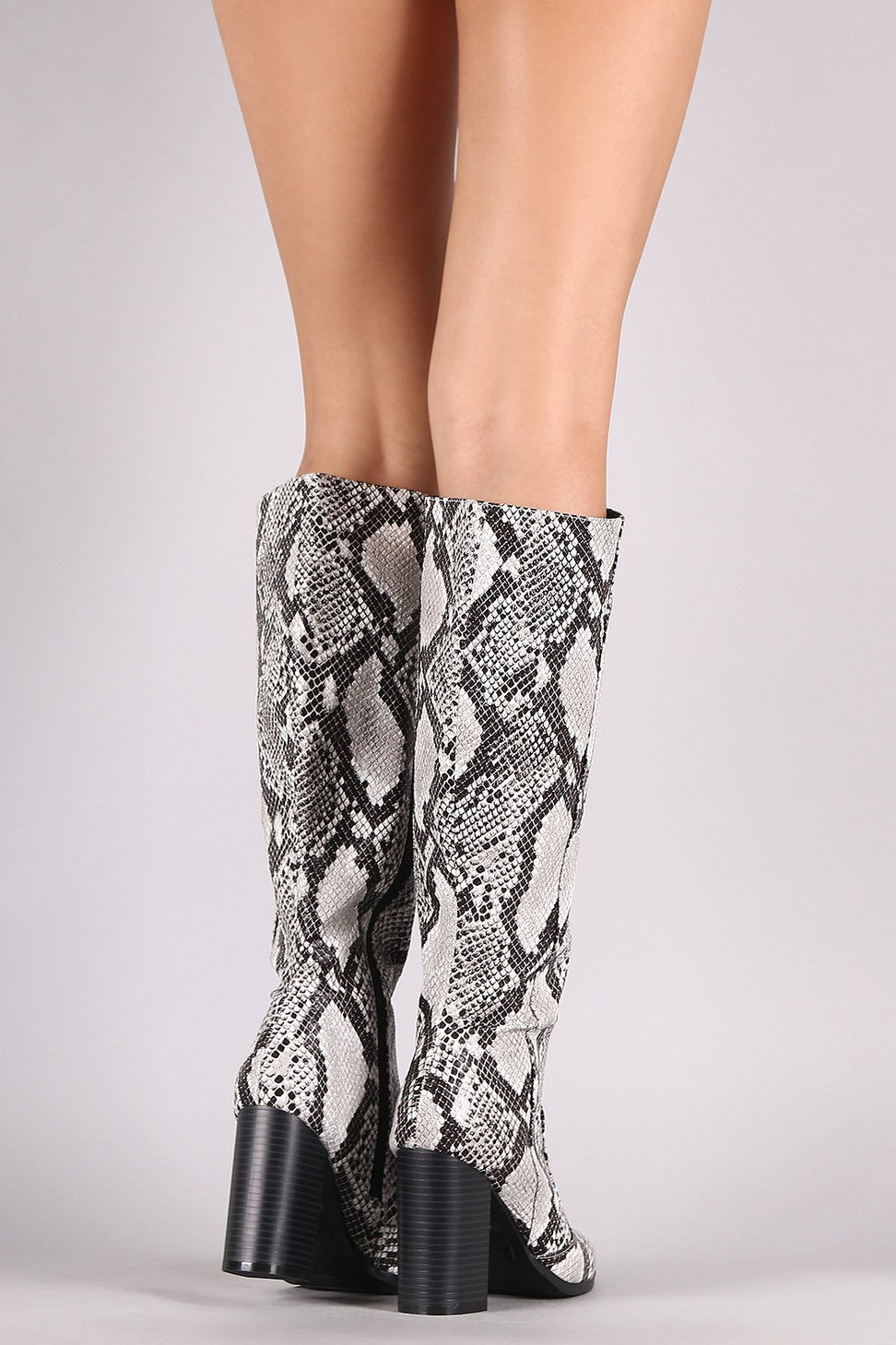 Bamboo Python Almond Toe Chunky Heeled Knee High Boots