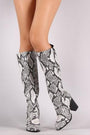 Bamboo Python Almond Toe Chunky Heeled Knee High Boots