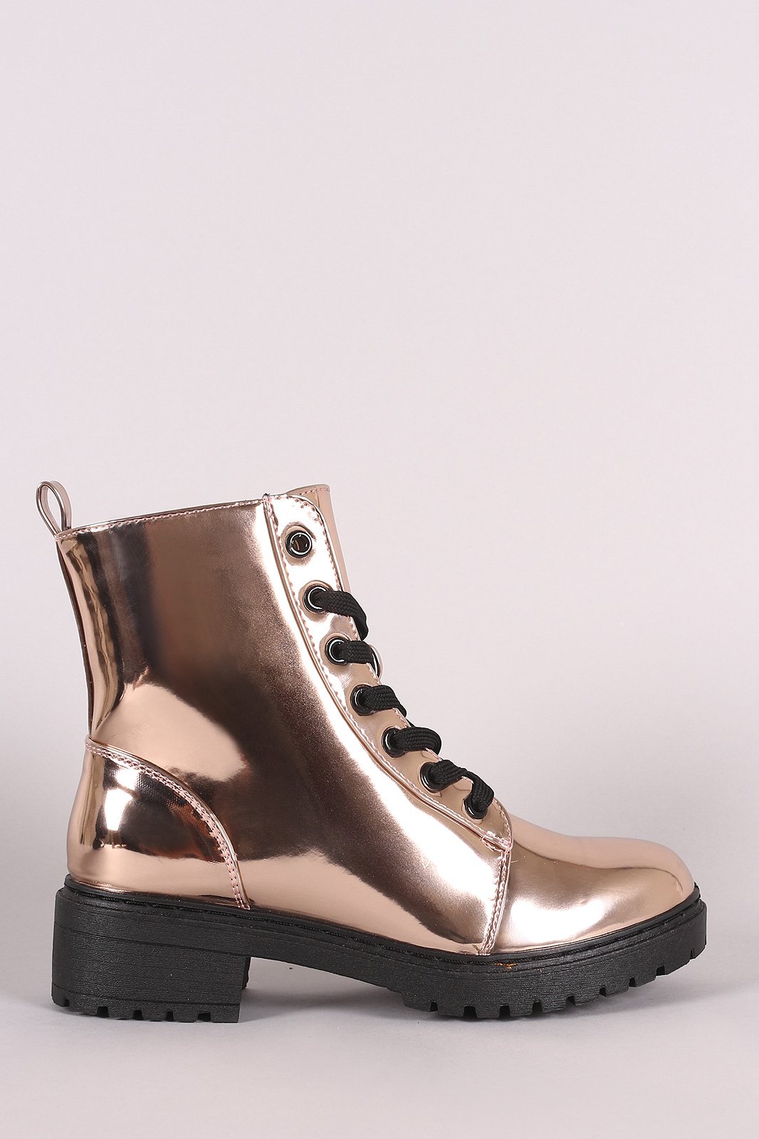 Qupid Metallic Patent Combat Lace-Up Ankle Boots