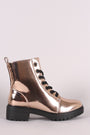 Qupid Metallic Patent Combat Lace-Up Ankle Boots