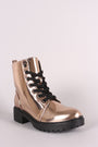 Qupid Metallic Patent Combat Lace-Up Ankle Boots