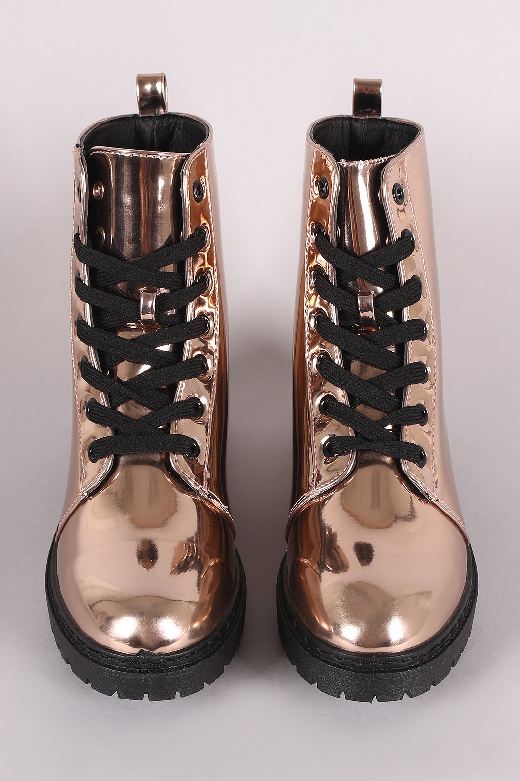 Qupid Metallic Patent Combat Lace-Up Ankle Boots