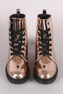 Qupid Metallic Patent Combat Lace-Up Ankle Boots